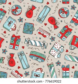 Christmas and New Year background with presents. Vector hand drawn illustration