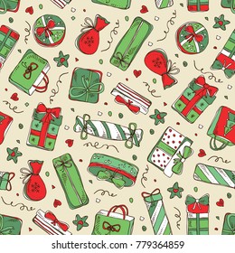 Christmas and New Year background with presents. Vector hand drawn illustration