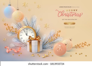 Christmas and New Year background. Realistic Christmas vector festive decoration with fir tree branch, gold watch and gift box . 3D vector illustration