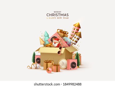 Christmas and New Year background with realistic gifts box and fireworks. Xmas decoration holiday 3d objects. Festive gift card, banner, poster. vector illustration