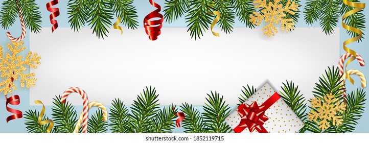 Christmas and New Year background with realistic pine branches, candy canes, serpentine, gifts box, glitter gold snowflake. Template for Christmas and New Year greeting card, poster, postcard, banner