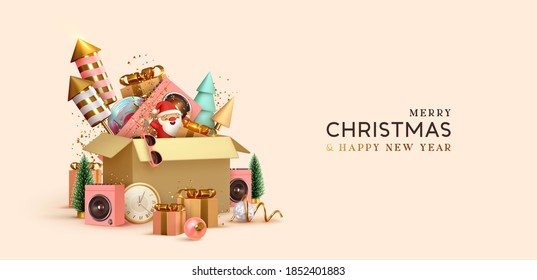 Christmas and New Year background with realistic gifts box and fireworks. Xmas decoration holiday 3d objects. Festive gift card, banner, poster. vector illustration