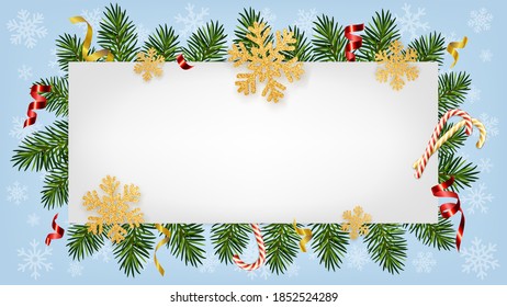 Christmas and New Year background with realistic pine branches, candy canes, serpentine, glitter gold snowflakes. Template for Christmas and New Year greeting card, poster, postcard, banner