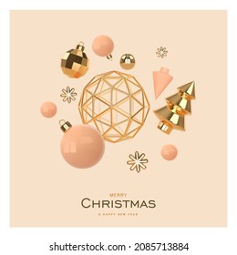 Christmas and New Year background. Realistic Christmas ornaments, xmas balls and tree. Holiday abstract modern fiying 3d render.