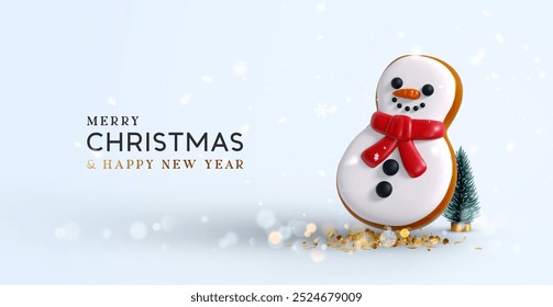 Christmas and New year background. Realistic 3d snowman cookie with red scarf stands beside a small Christmas tree, golden confetti, blur gold bokeh lights on soft blue background. Vector illustration