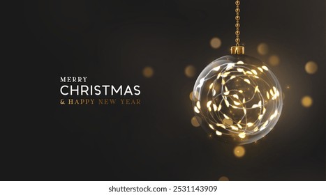 Christmas and New Year background Realistic 3d design transparent Christmas ornament filled with fairy lights on dark background. Xmas poster, banner, cover for flyer and brochure. Vector illustration