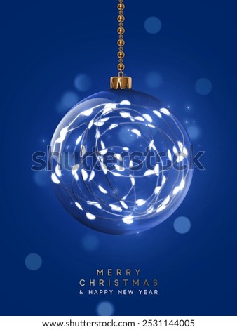 Christmas and New Year background Realistic 3d design transparent Christmas ornament filled with fairy lights on blue background. Xmas poster, banner, cover for flyer and brochure. Vector illustration