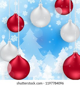 Christmas and New Year background with red balls and silver