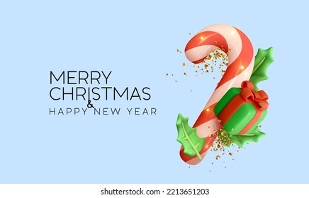 Christmas and New Year background. Red Candy cane, gift box, holly green leaves, golden confetti. Bright Xmas holiday composition. Realistic 3d cartoon style design. vector illustration