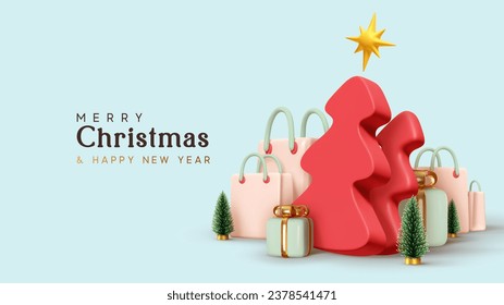 Christmas and New Year background. Red and green Christmas trees with gold star, shopping bags, gift boxes. Realistic 3d design with festive elements. Holiday banner, Xmas poster. Vector illustration