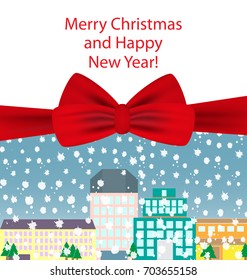 Christmas and New Year background with red bow. The city with falling snow. Vector illustration.