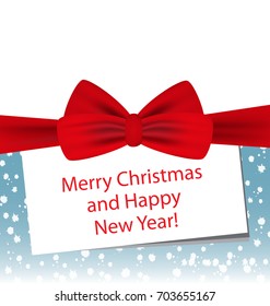 Christmas and New Year background with red bow. Vector illustration.