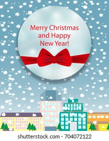 Christmas and New Year background with red bow. The city with falling snow. Vector illustration.