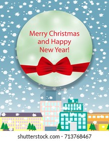 Christmas and New Year background with red bow. The city with falling snow. Vector illustration.