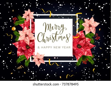 Christmas and new year background with red and pink poinsettia, Christmas tree.Typographical Background With Christmas Elements.