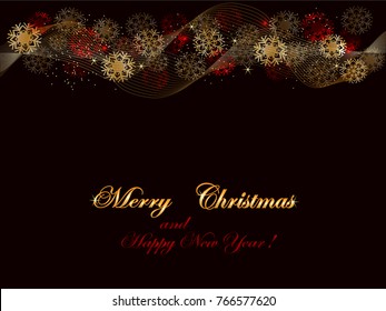 Christmas and New Year background, red and golden colors on black