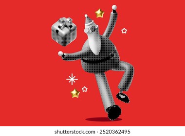 Christmas and New Year background. Santa Claus with gift boxes. Halftone Pop Art design. Greeting card, Sale banner, special offer poster