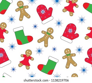 Christmas (new year) background, seamless pattern. Gingerbreads, mitten, stocking and snowflake. Vector