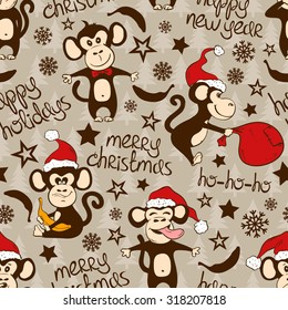 Christmas and New Year background. Seamless pattern with funny monkey and greeting text. Symbol of the New Year 2016. 