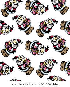 Christmas and New Year background. Seamless doodle pattern with funny Santa Claus.