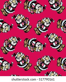Christmas and New Year background. Seamless doodle pattern with funny Santa Claus.