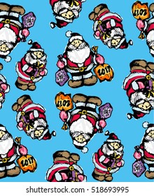 Christmas and New Year background. Seamless doodle pattern with funny Santa Claus.