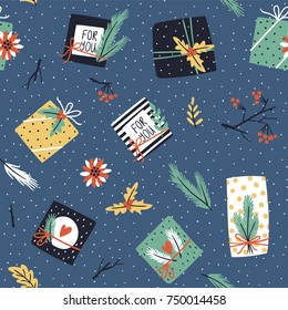 Christmas and New Year background. Seamless pattern with christmas tree, gift boxes and poinsettia. All elements are hidden under mask. Pattern are not cropped and can be edited.