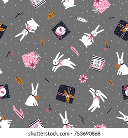 Christmas and New Year background. Seamless pattern with christmas tree, gift boxes, white rabbits and poinsettia. All elements are hidden under mask. Pattern are not cropped and can be edited.