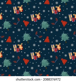 Christmas and New Year background with seasonal elements. Doodle Pattern with Christmas tree, hat, deer horns, snowflakes. Festive seasonal background for textiles. Vector illustration