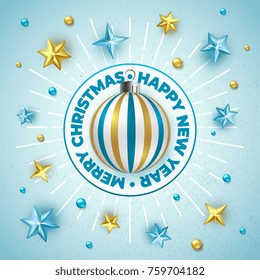 Christmas and New Year background with Shining stars and colorful balls on blue grunge background