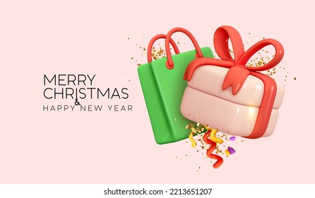 Christmas and New Year background.  Shopping package, shop bag, gift box, bright glitter gold confetti. Bright Xmas holiday composition. Realistic 3d cartoon style design. vector illustration