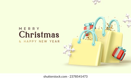 Christmas and New Year background. Shopping bags, gift box, gold confetti, white snowflakes. Realistic 3d design with festive elements. Holiday Xmas banner, web poster. Vector illustration