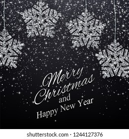 Christmas, New Year background with silver glitter snowflakes. Vector illustration