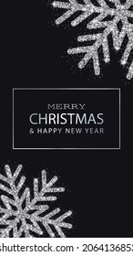 Christmas, New Year background with silver glitter snowflakes. Template for social networks stories. Vector illustration