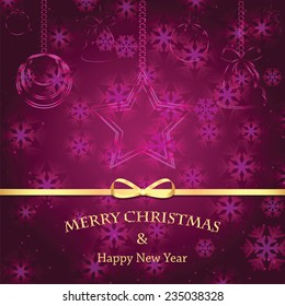Christmas and New Year background with snowflakes and Christmas ornaments and gold ribbon