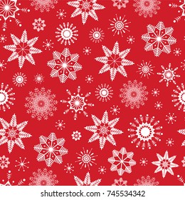 Christmas and New Year background. Snowflakes seamless pattern. Vector template texture. red and white colors. Good choice for winter holidays design, banners, cards, wrapping paper. Repeat texture.