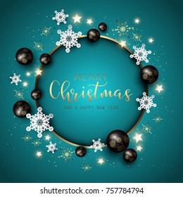 Christmas and New Year background with snowflakes, baubles and decorative type
