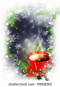 Christmas and New Year background with snowflakes and cup of hot tea