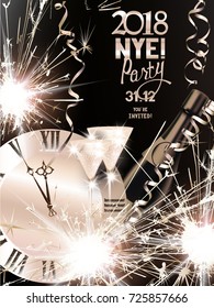 Christmas and new year background  with sparklers, serpentine, bottle and glasses with champagne and watch. Vector illustration