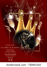 Christmas and new year background  with sparklers, serpentine, bottle and glasses with champagne and watch. Party invitation. Vector illustration