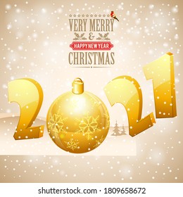Weihnachten- und Neujahrshintergrund mit stylisiertem 2021, Schneeflocke, Stierkämpfe und Bauble. Vektorgrafik-Vorlage für Flyer oder Weihnachtskarte.