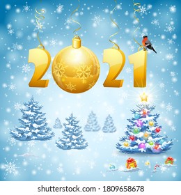 Christmas and New Year background with stylized 2021, snowflake, bullfinch and Bauble. Vector illustration Template for Cover, Flyer, Brochure, Christmas Card