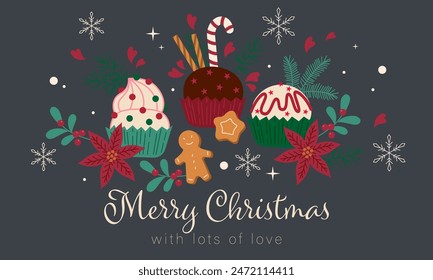 Christmas and New Year background. Sweet cupcake with holiday decoration vector illustration. Winter holiday texture with cookie and cake, heart and flower, candy cane and Christmas decoration