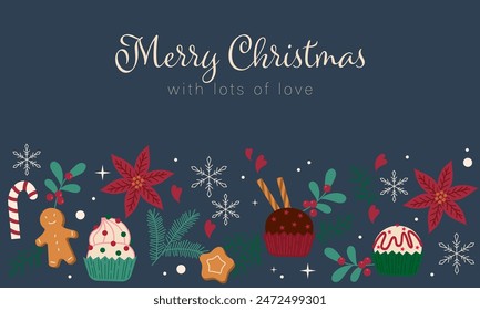 Christmas and New Year background. Sweet cupcake with holiday decoration vector illustration. Winter holiday texture with cookie and cake, heart and flower, candy cane and Christmas decoration