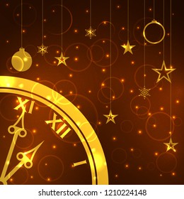 Christmas and New Year background template with clock. Vector illustration.