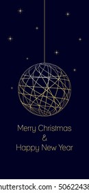 christmas and new year background with text Merry Christmas and Happy New Year on dark blue background, very soft gold colored elements, christmas ball and stars, isolated illustration