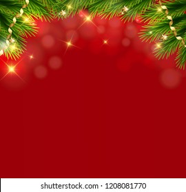 Christmas and new year background with christmas tree branches and decorations. Holiday frame