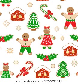 Christmas and New year background with Christmas tree, caramel, man cookies and house. Seamless pattern. Packaging design, wrapping paper, Wallpaper, poster. In isolation. Vector illustration