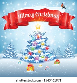 Christmas and New Year Background with Tree, Gifts, Ribbon, Snowflakes and Bullfinch on Snowy background. Vector illustration template for Cover, Flyer, Brochure, Greeting Card