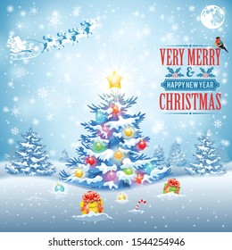Christmas and New Year Background with Tree, Gifts, Ribbon, Snowflakes and Bullfinch on Snowy background. Vector illustration template for Cover, Flyer, Brochure, Greeting Card